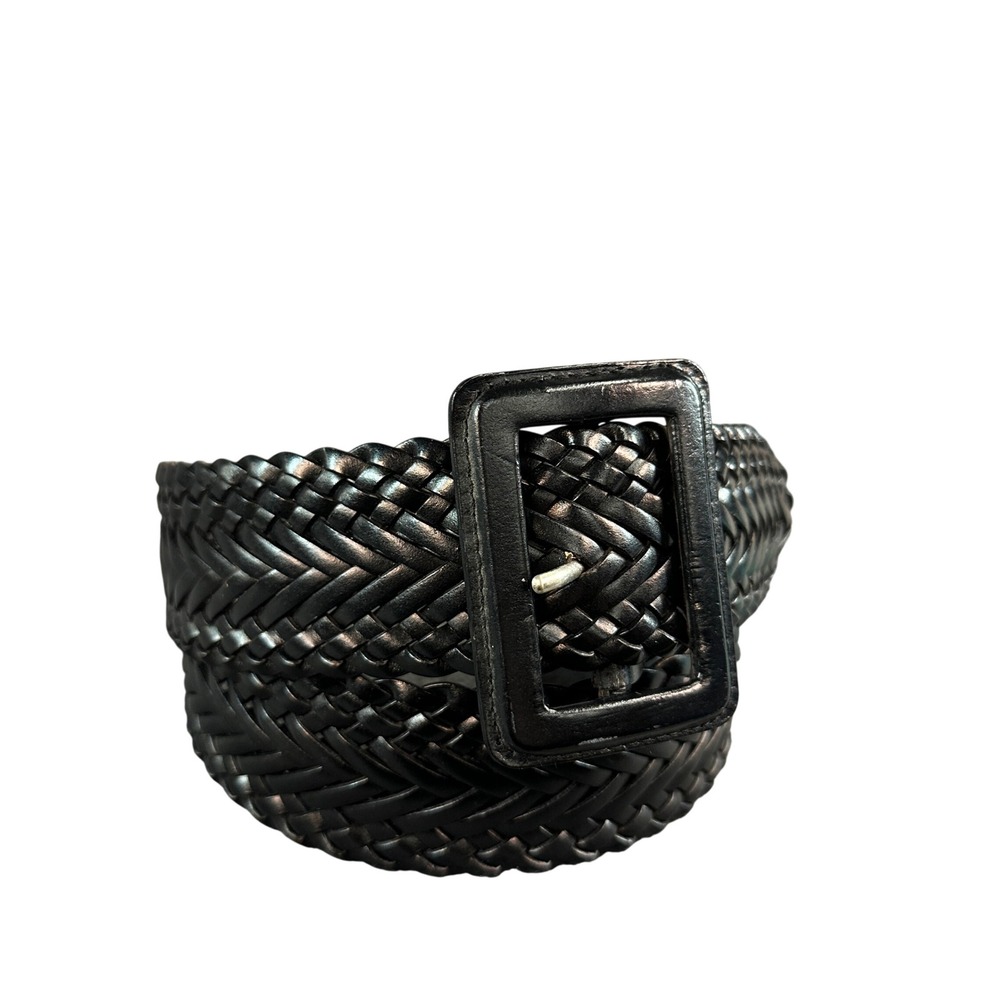 New York & Company Black Braided Bonded Leather Belt L/XL Wide Woven Buckle